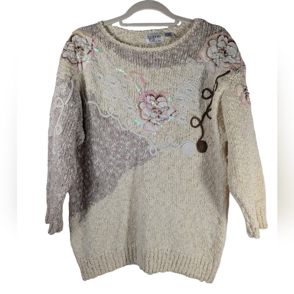 Vintage Bonnie & Bill by Holly Floral Appliqué Sequin Knit Sweater M Korea - Picture 6 of 16